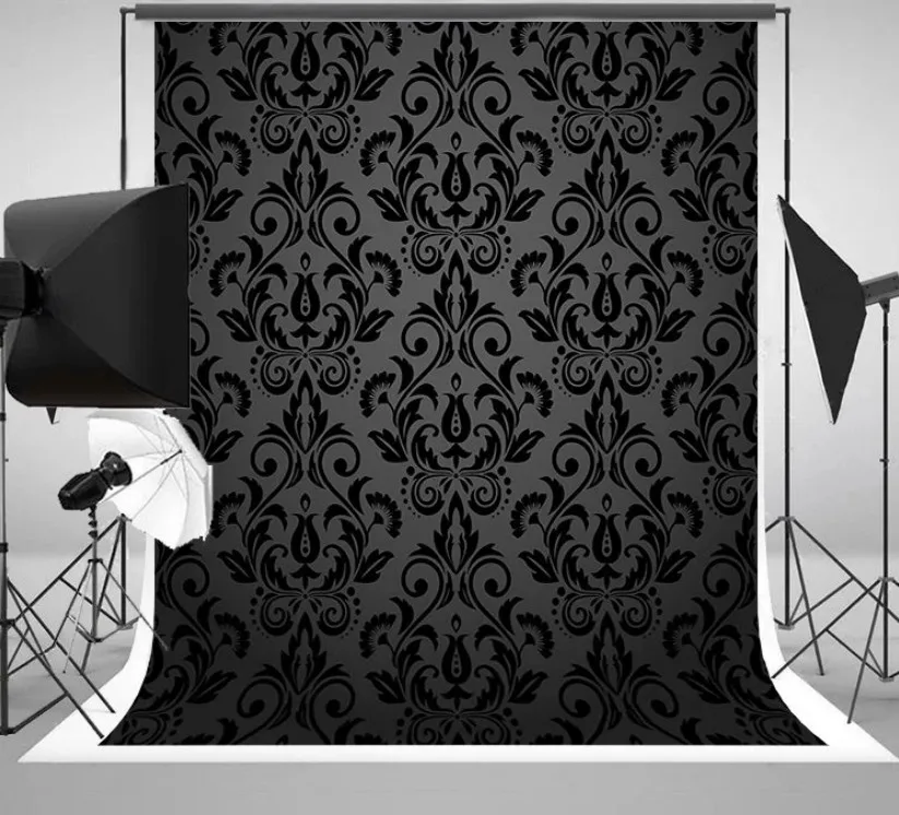 Fondos de fiesta de flores florales oscuras damasco blanco gris negro fondos de estudio de fotografía de cumpleaños con impresión por ordenador