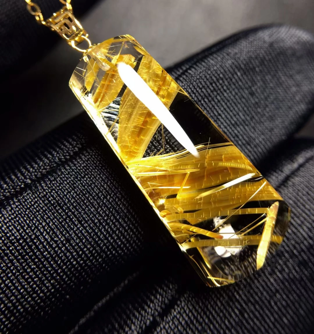 Natural Gold Rutilated Quartz Pendant Necklace Rectangle Cat Eye 25*10.6*6.2mm Fashion Jewelry Rutilated Women Men AAAAAAA