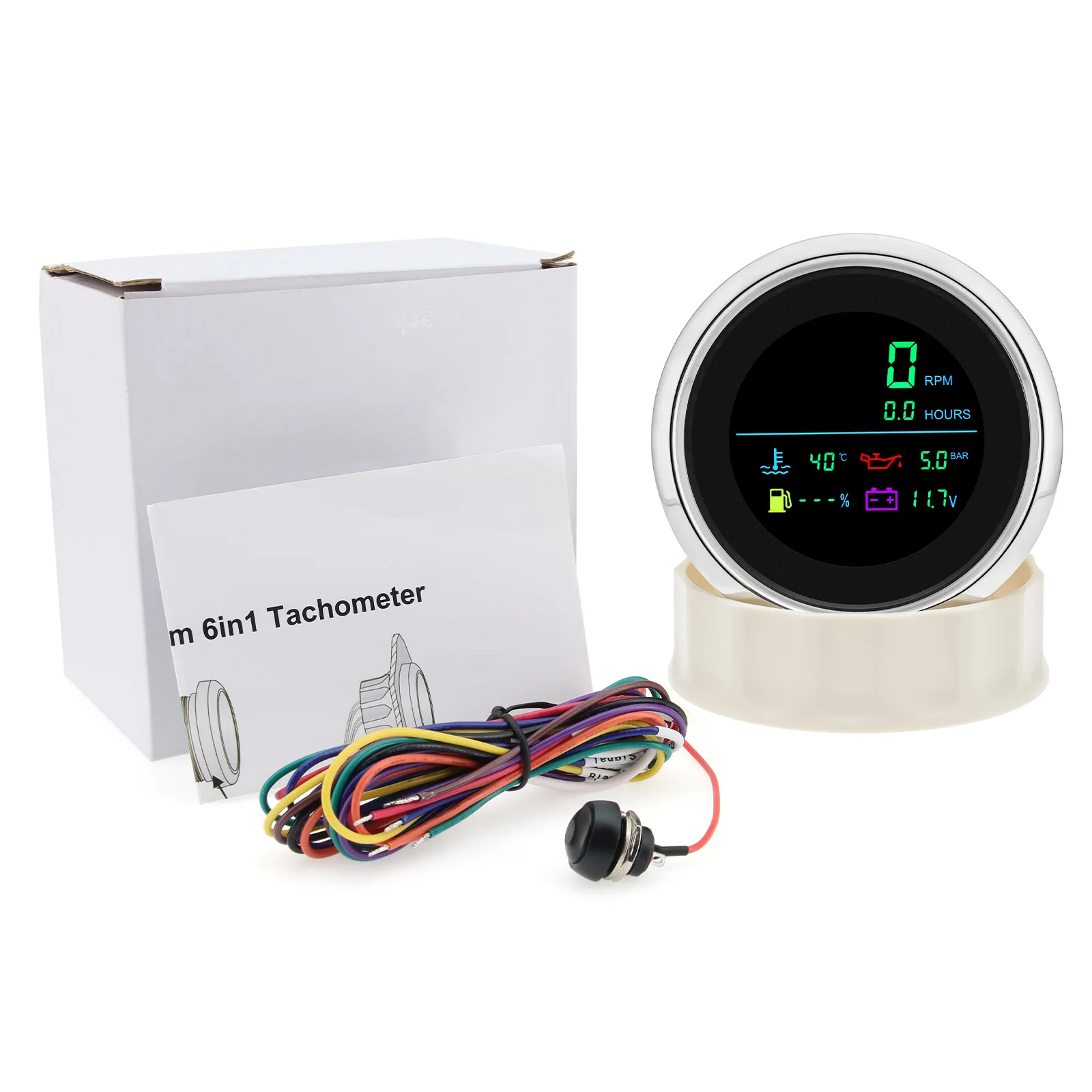 85mm 6 in 1 LCD MultiFunction Tachometer Fuel Level Gauge Water Temperature Oil Pressure Voltmeter Hour Meter For Boat Car 12V