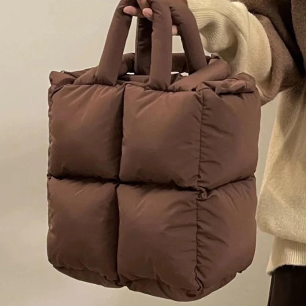Fashion Nylon Cloth Puffy Shoulder Bag Large Capacity Quilted Down Feather Handbag Padded Soft Space Cotton Shopping Tote view 3