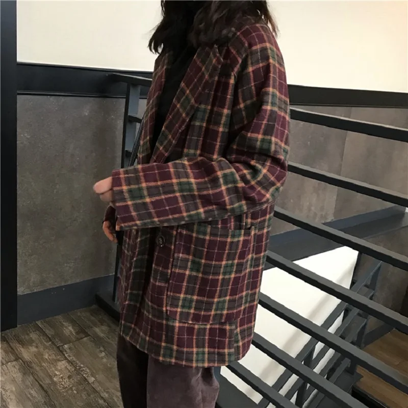 Korean ulzzang loose plaid woolen coat female autumn new ins Harajuku vintage fashion suit collar button casual women\'s jacket
