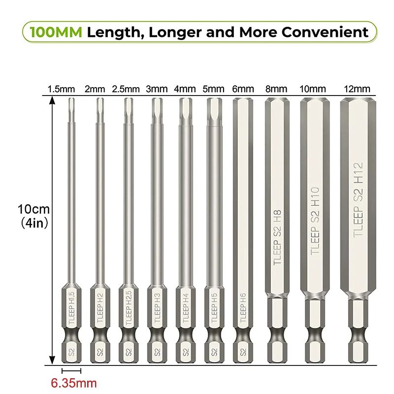 10Pcs Hex Head Allen Wrench Drill Bit Set Silver 100mm SAE Hex Bit Set Magnetic Allen Screwdriver Bit Hex Key Socket Wrench Set