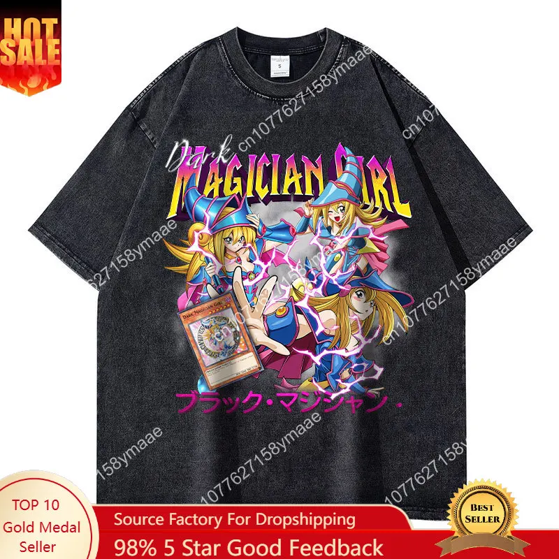 

Anime Yu Gi Oh T Shirts Vintage Washed Dark Magician Girl T-shirt Retro Streetwear Manga Black Magician Short Sleeve Tops Tees