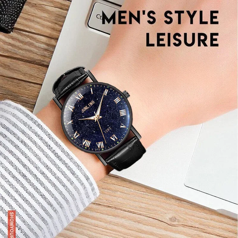 Men's Leather Strap Quartz Watch Starry Sky Roman Dial Luminous Business Fashion Male Watch For Daily Wear Office Boy Gifts