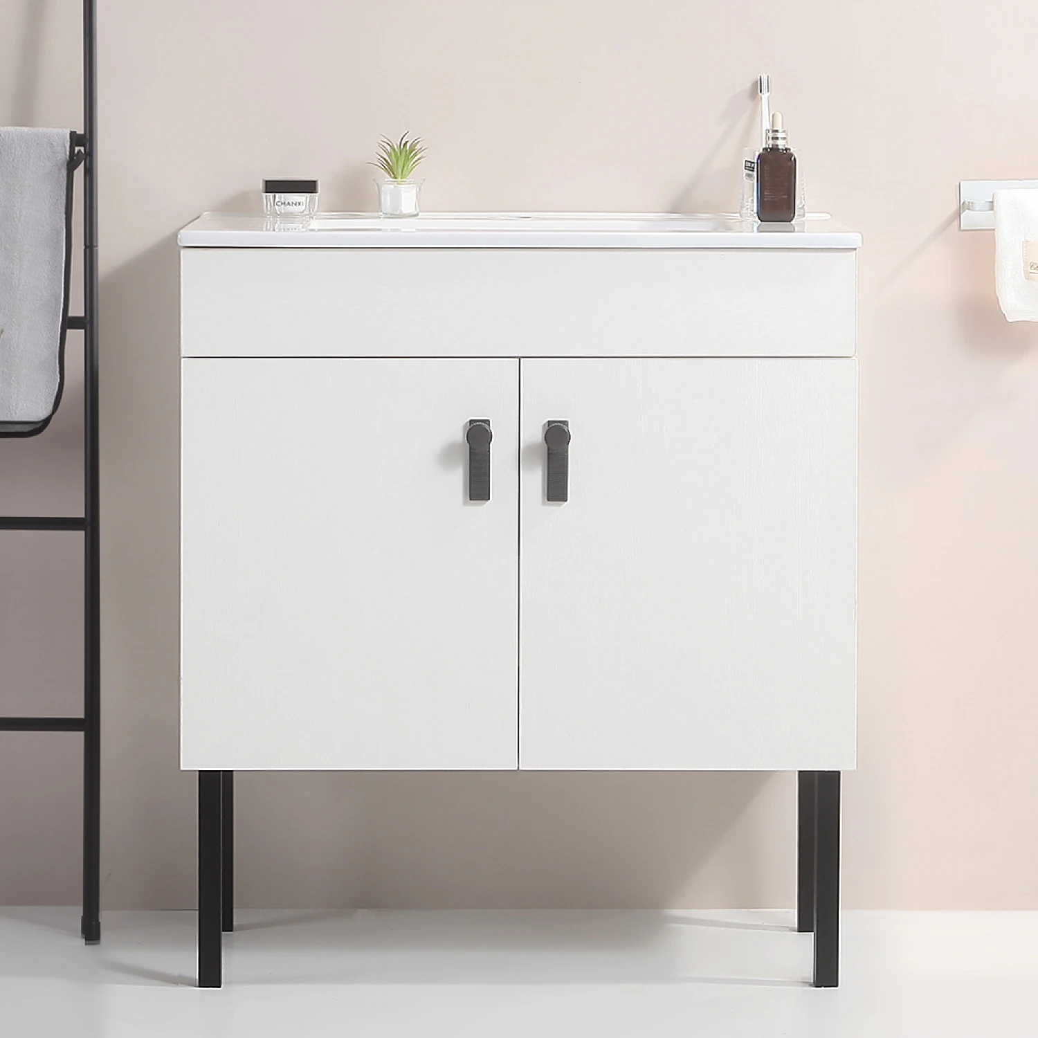 

30" Bathroom Vanity with Metal Leg,with White Ceramic Basin,Two Soft Close Cabinet Doors, Solid Wood,Excluding faucets,white