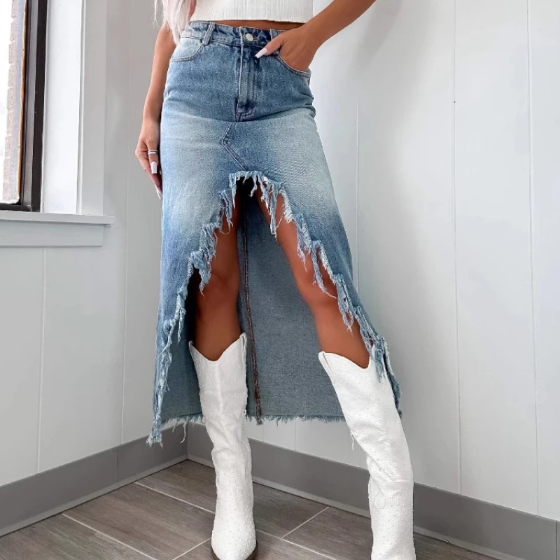 Denim Skirts Women Mid Length Skirt Slim Bodycon High Waist Button Pocket Streetwear Y2k Elegant Splice Blue Irregularity 2025