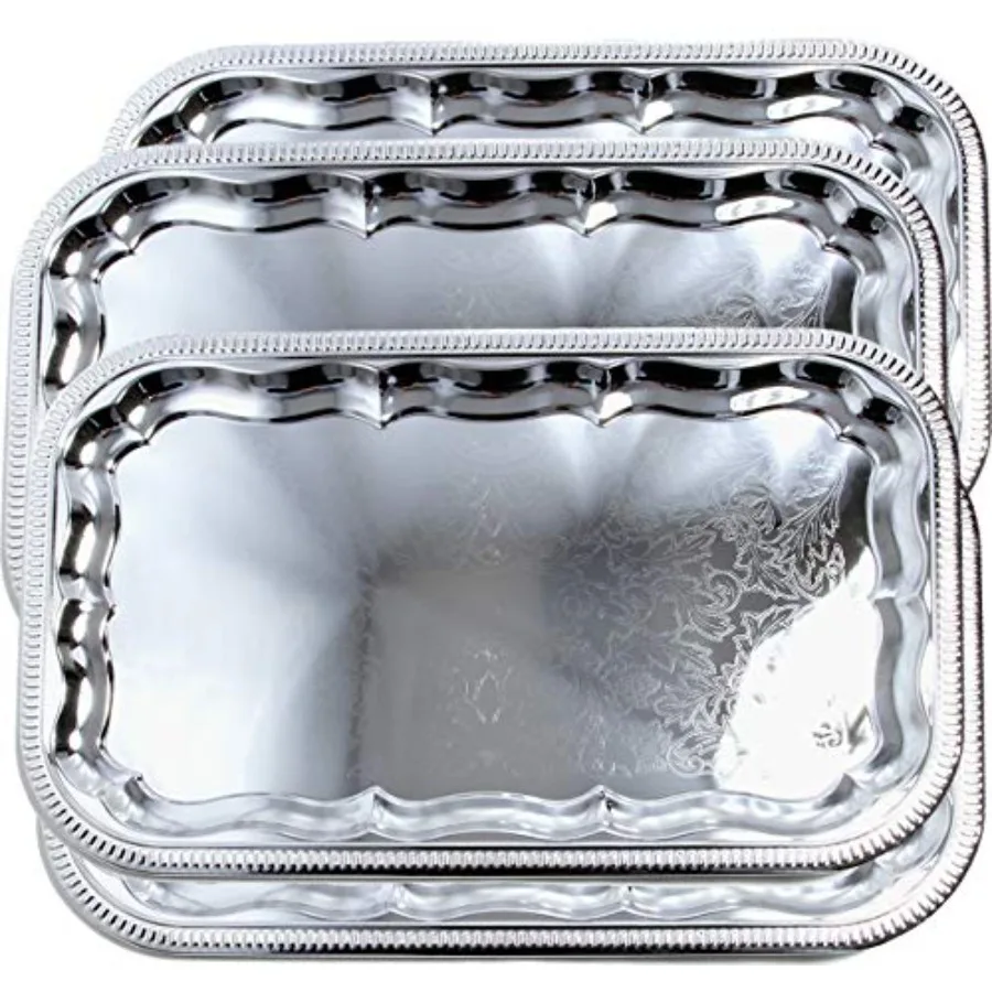 

Набор из 4-х хромированных сервировочных подносов с зеркальной поверхностью, 20,9 x 12,8 дюймов, прямоугольные, с традиционным цветочным узором и гравировкой, для кейтеринга