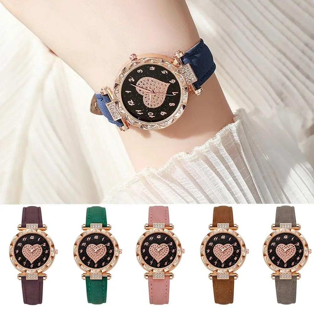 

Модные кварцевые наручные часы с сердечками и стразами, повседневные электронные часы с кожаным ремешком, простые наручные часы для женщин