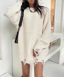 New Knitted Round Neck Loose Ripped Hole Mid-length Long-sleeved Sweater Women 2024 Ropa De Mujer Ofertas Sweater