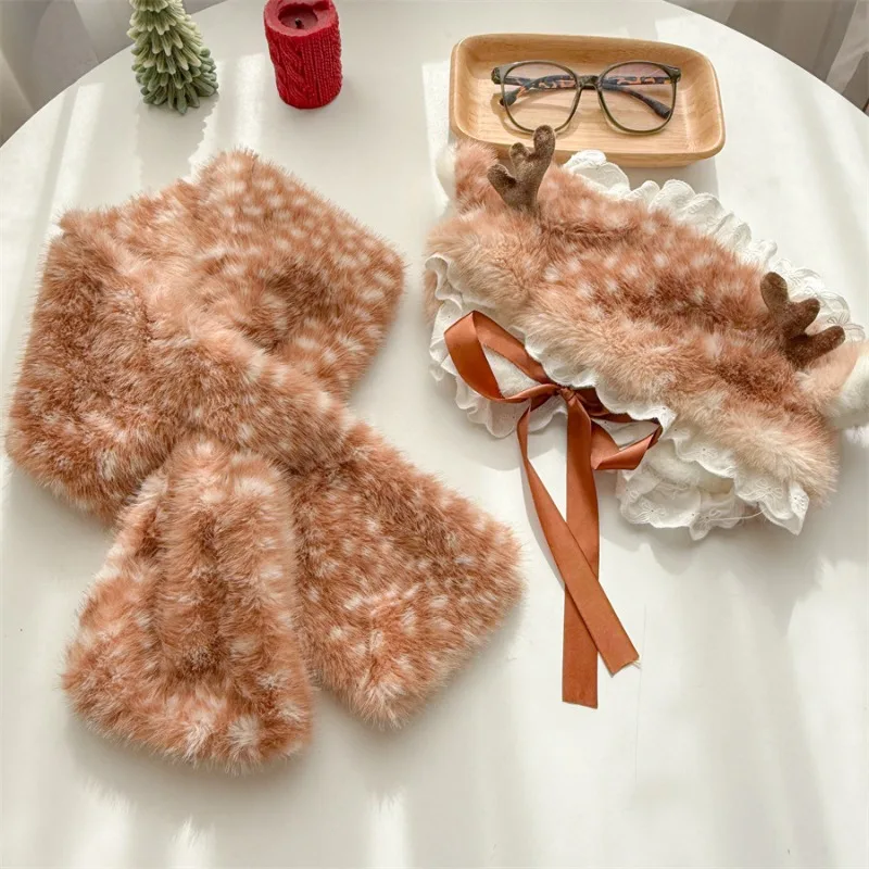 Christmas Mori Girl Deer-Print Faux Fur Scarf & Antler Headband Earmuffs 2-Piece Set for Women, Y2K Harajuku Winter Warm Set