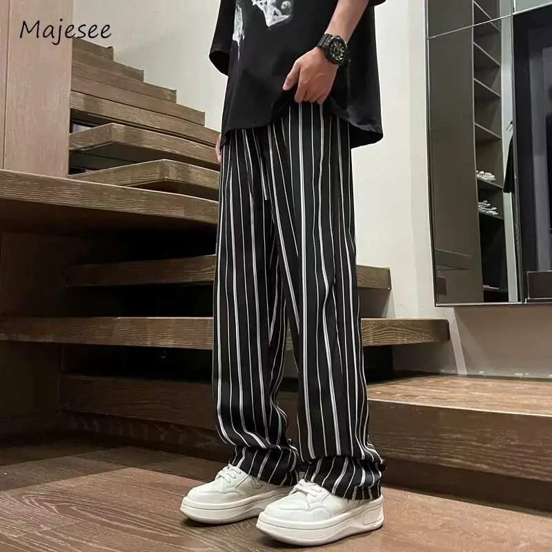 

Striped Casual Pants Men Korean Fashion Summer Straight Loose High Street Teens Ice Silk Breathable Trousers Couples Joggers