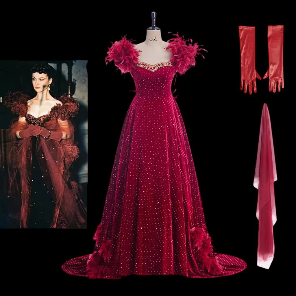 

Gone With the Wind Scarlett O'Hara Cosplay Wedding Costume Historical Civil War Queen Red Afternoon Dress Duchess Ball Gown