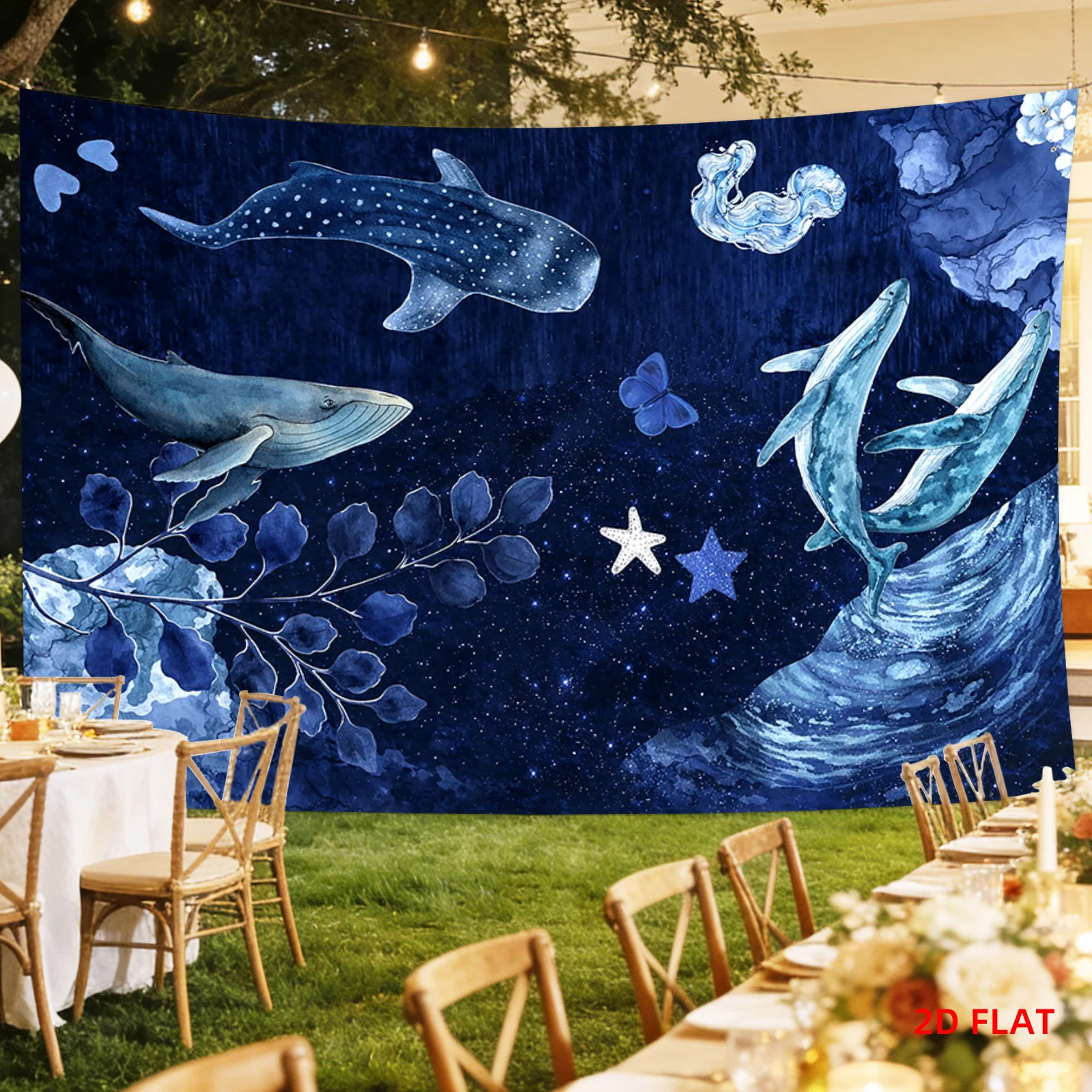 1 Stück Wandteppich mit Wal- und Walhai-Motiv, blaues Ozean-Thema, Seestern-Wanddekoration für Schlafzimmer und Wohnzimmer