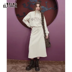 ELFSACK Fleece Pullover Skirt Sports Suit Women 2023 Winter Loose Casual Wear