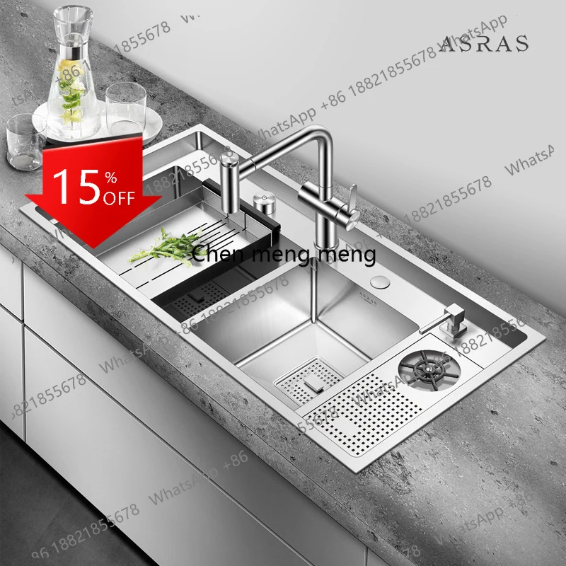 A139 Kitchen Double Sink Handmade Brushed 4mm Thickness Large Size 4 Holes Double Kitchen Sink With Cup Rinser Sinks