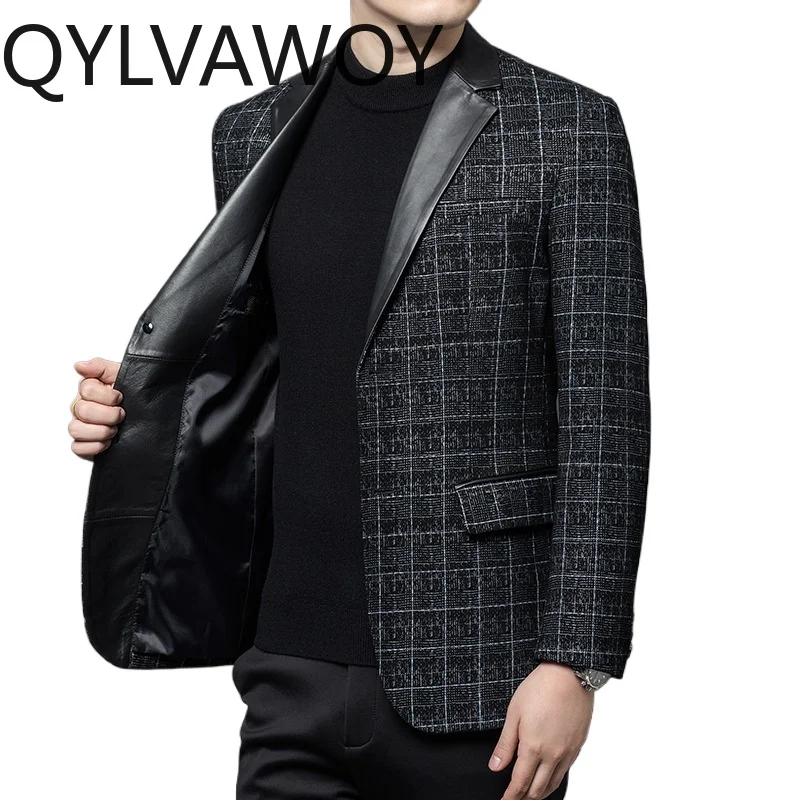 Men's Sheepskin Leather Plaid Blazer