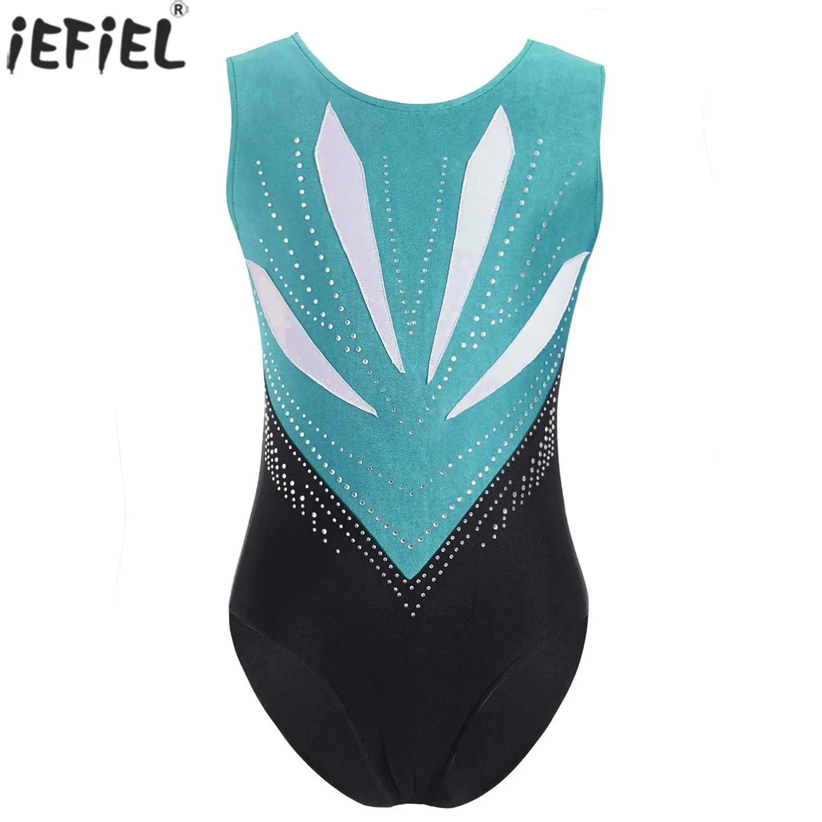 Kids Girls Gymnastics Ballet Dance Leotard Figure Skating Performance Costume Sleeveless Sparkly Rhinestones Bodysuit Dancewear