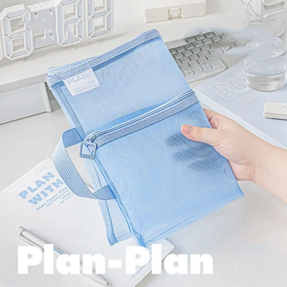 Multifunctional Mesh Zipper Pouch Transparent Solid Color File Folder Bag Nylon Large Capacity Stationery Organizer Pouch Kids