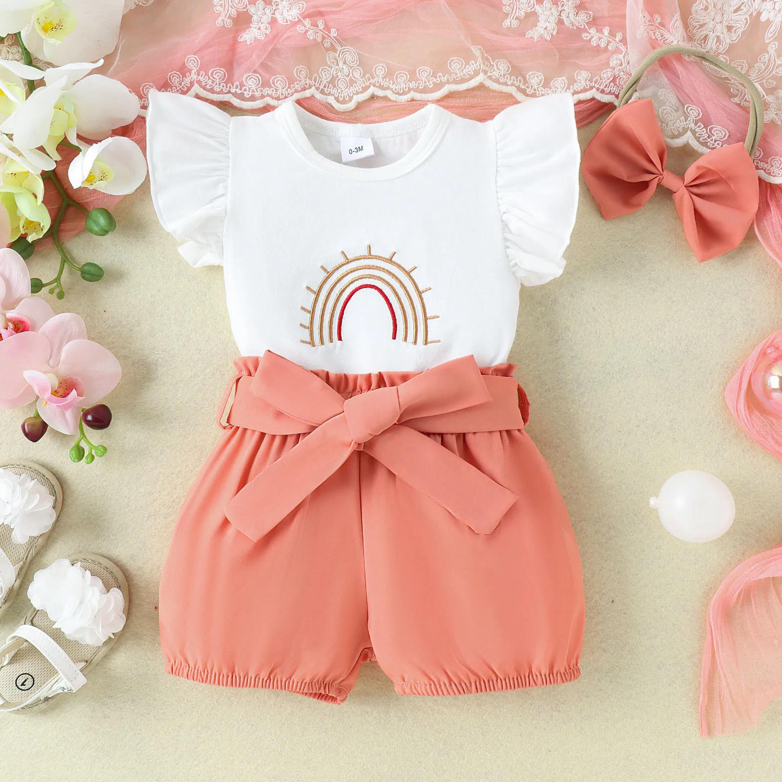 

Baby Shorts Sets Girls Rainbow Print Short Sleeve Tops And Shorts Headband 3PCS Infant Girls Outfits Summer Clothes Sets 0-24M