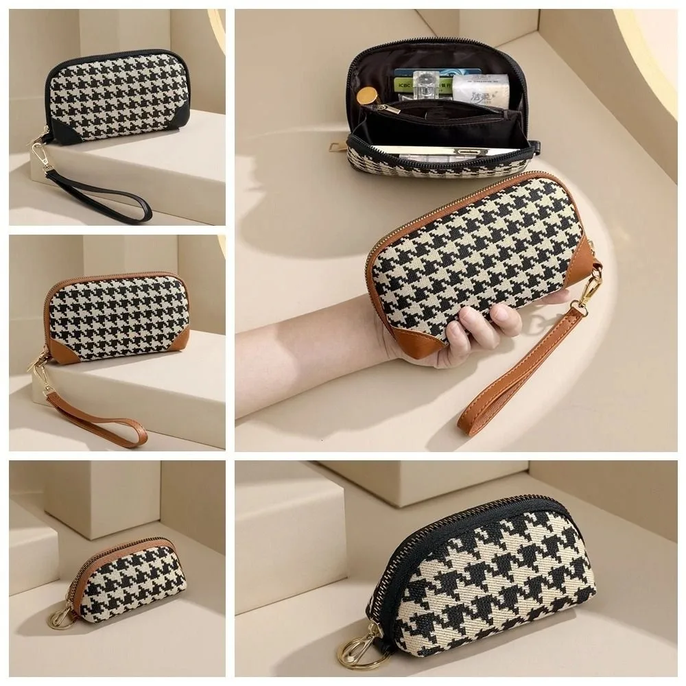 Portable Pu Leather Long Style Wallet Car Key Bag Canvas Houndstooth Zipper Purse Money Clip Handbag Square Change Purse Travel