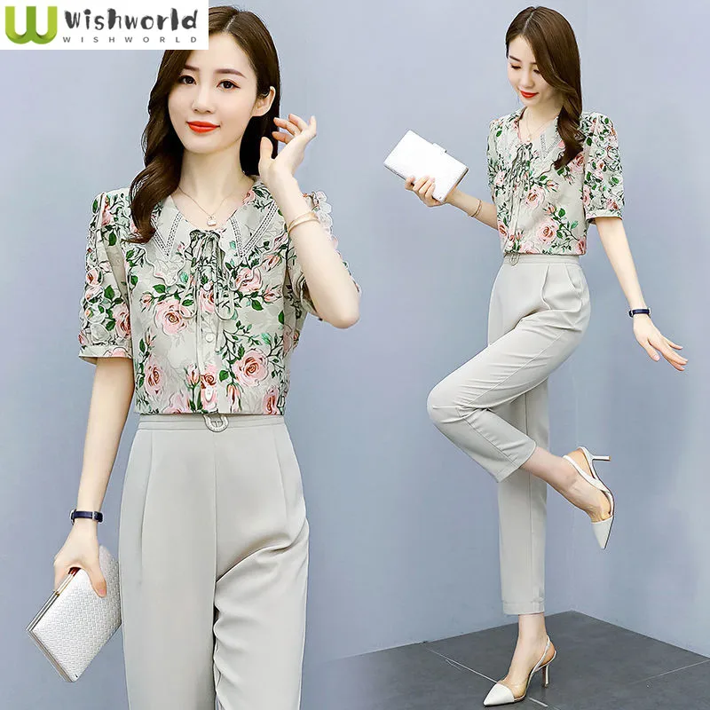 Casual Chiffon Shirt Professional Suit 2022 New Female Summer Lady Temperament Wear with Foreign Style Fashion Two-piece Set