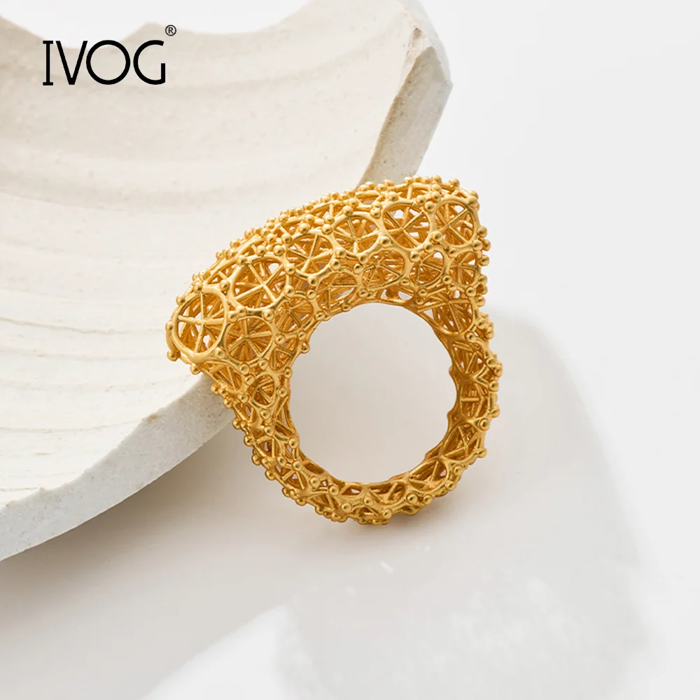 IVOG Hollow Weaving Design Ring For Women Gold Color Interweave Small Round Beads Ring Fashion Jewelry