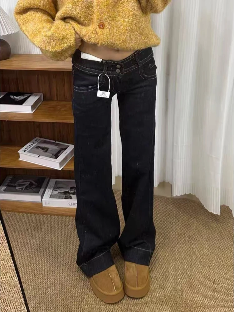 Korean Vintage Double Button Flare Jeans Low Waist Non-cling Figure-flattering Versatile Straight Bootcut Women Denim Pants