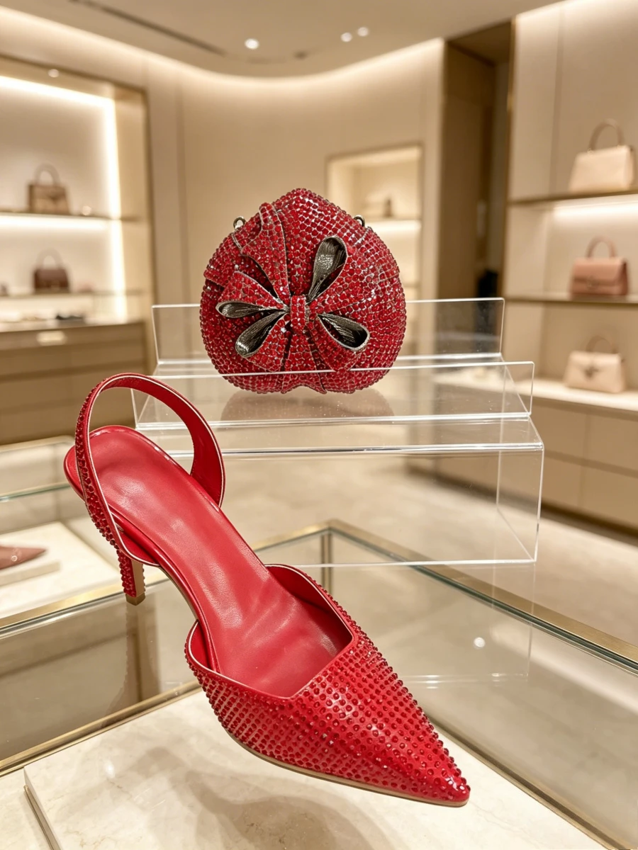 Bright Red Full Rhinestone Pointed Slingback Heels & Bow Heart Red Crystal Clutch Bag Elegant Women Evening Party Shoes Tacones