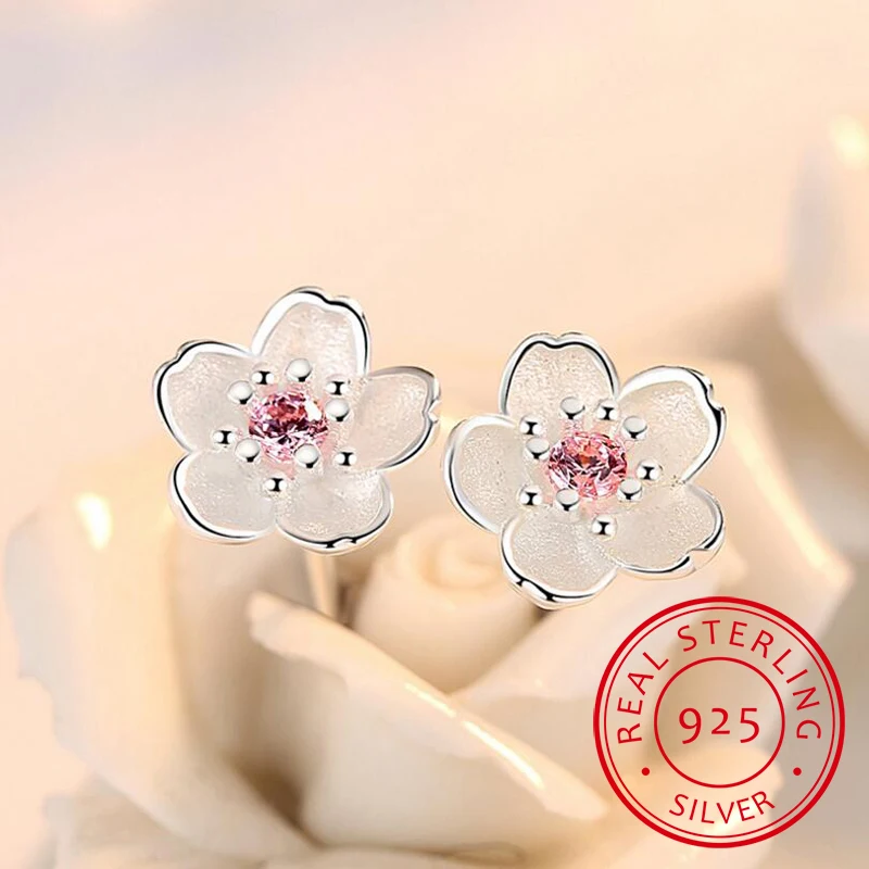 

Silver 925 Jewelry Sterling Silver Earrings Cherry Blossom Inlaid Pink Zirconia Ear Studs Simple and Popular Earrings for Women