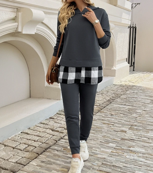 New Women's Casual Pants Set for Autumn and Winter, Black and White Gray Contrasting Plaid Hooded Sweatshirt, Leg Binding Pants