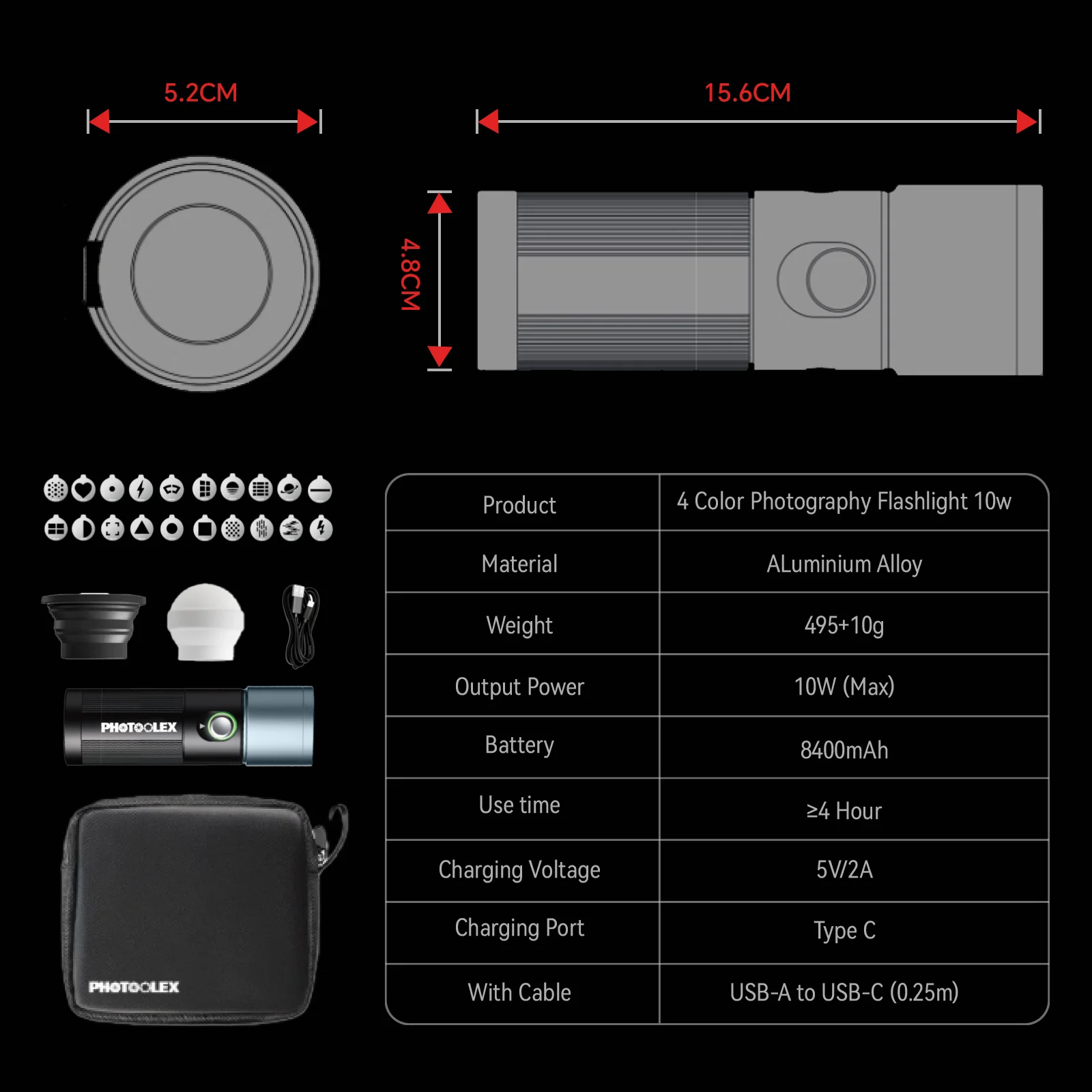 PHOTOOLEX 휴대용 포커스 사진 손전등(4가지 색상 포함) 20개 고보 필터 8400mAh 10W LED 비디오 라이브용 비디오 스포트라이트