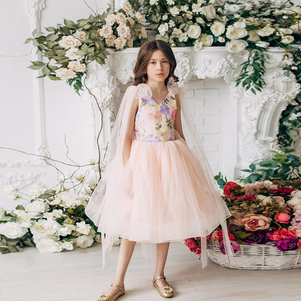 Simple Pink Flower Girls Dresses with Soft Tulle Sleeveless Christmas Gowns for Princess 2025 Summer Strapless Christmas Gowns