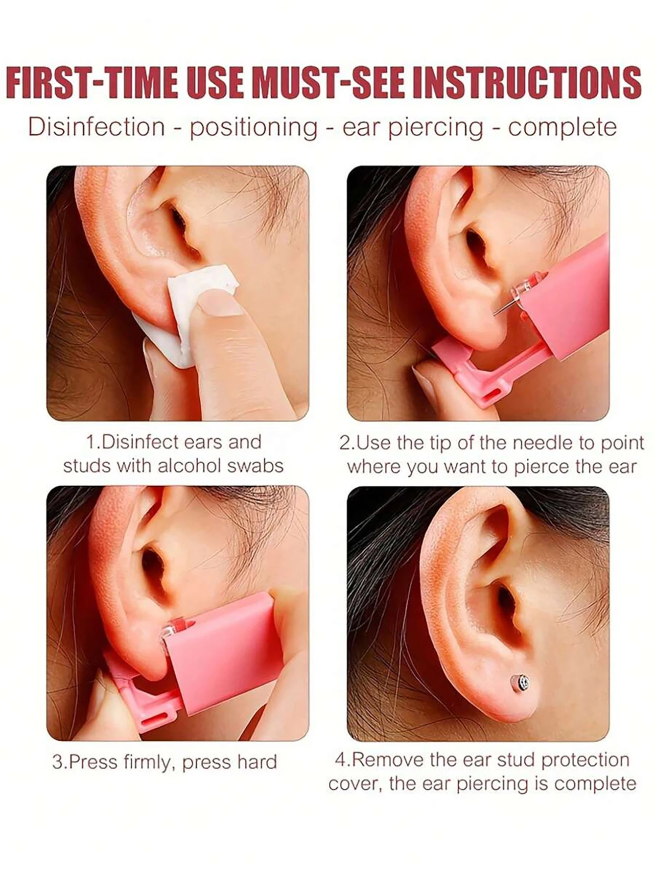 5PCS/17PCS Pink Ear Piercing Kit Disposable Self Piercing Gun With 4mm Silver Earring Studs Home Use Ear Piercing Tool