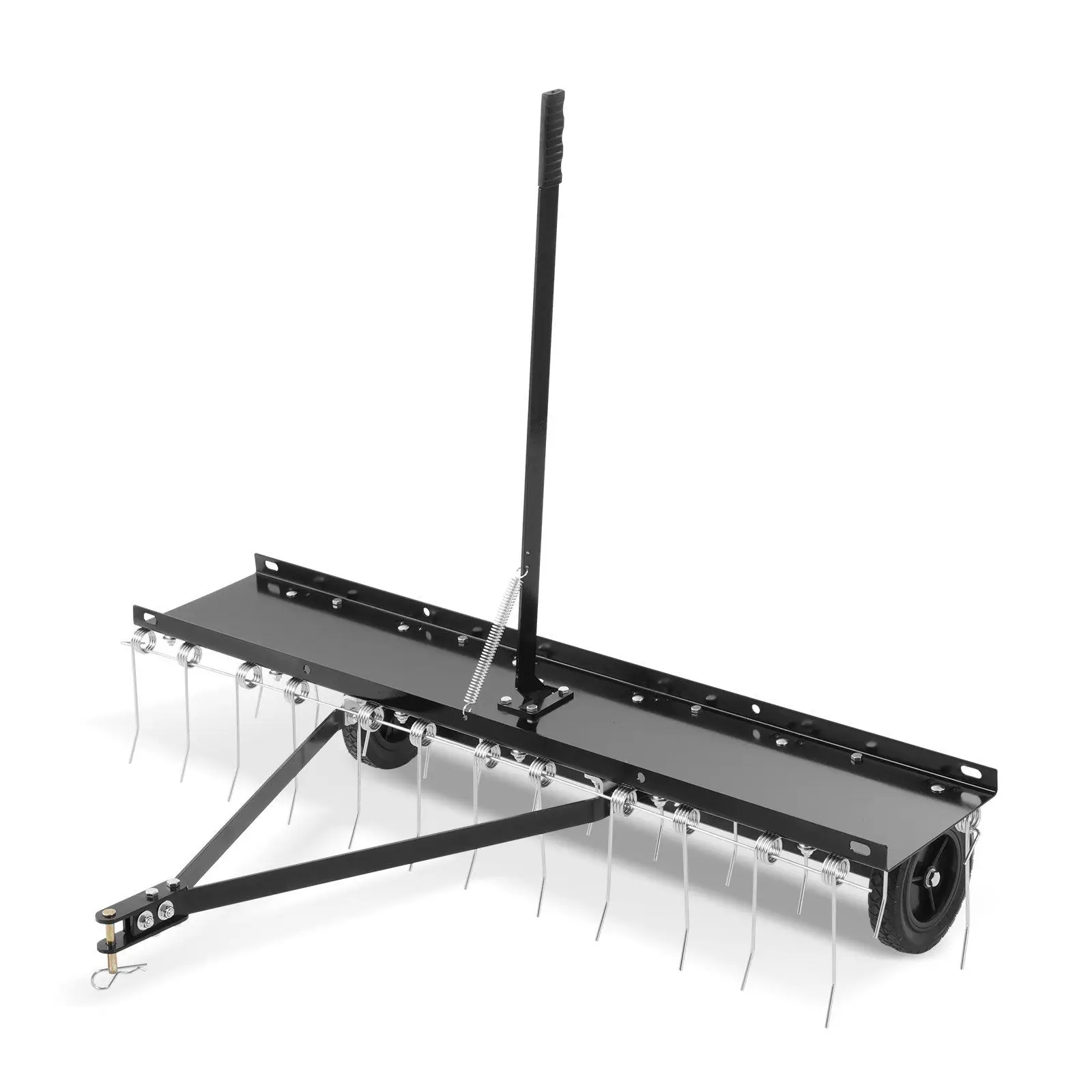 

48-дюймовый прицепной рыхлитель с 24 стальными пружинными зубьями для квадроциклов или газонокосилок, грабли для газона с подъемной ручкой для сада, фермы, травы