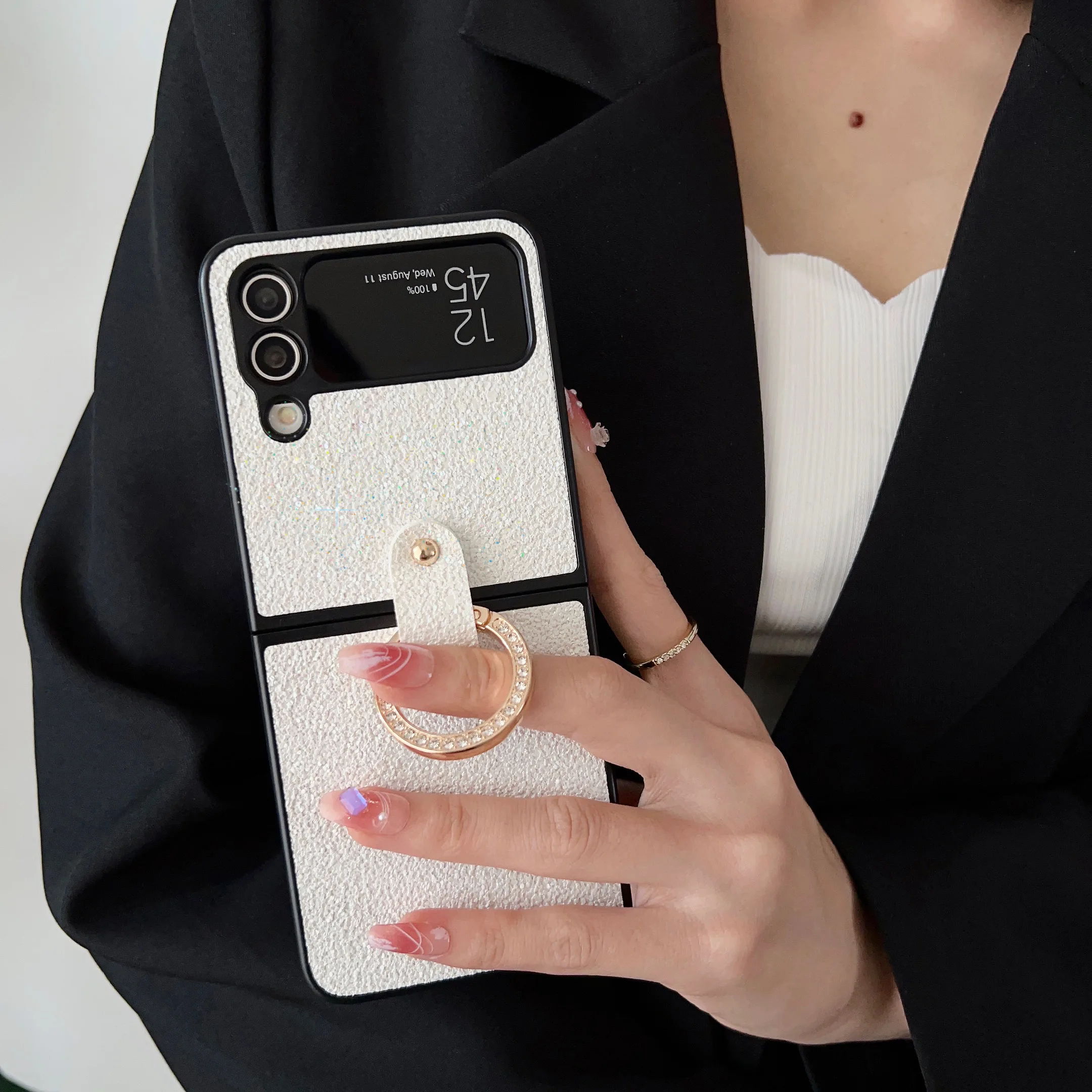 لسامسونج غالاكسي Z فليب 4 Z فليب 6 5 3 4 5 جرام P50 جيب جراب هاتف فاخر بلينغ بريق الغطاء الصلب مع حامل حلقة النساء فتاة