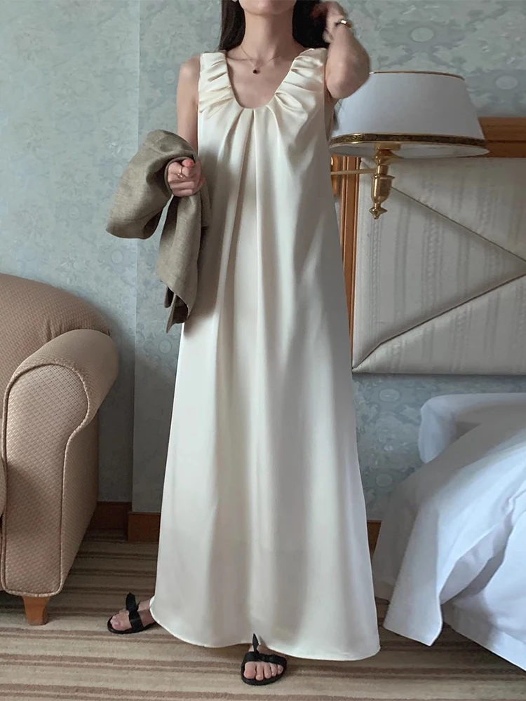 Ele V-Ne plissettato Ba Design gilet lungo sopra il ginocchio allentato Dr Vita alta da donna coreana Sle Summer Dr