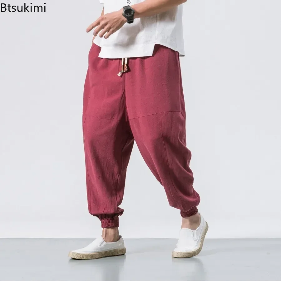 New Men's Cotton Linen Pants Chinese Style Loose Casual Solid Harem Pants Men Elastic Waist Drawstring Sweatpants Joggers Pants