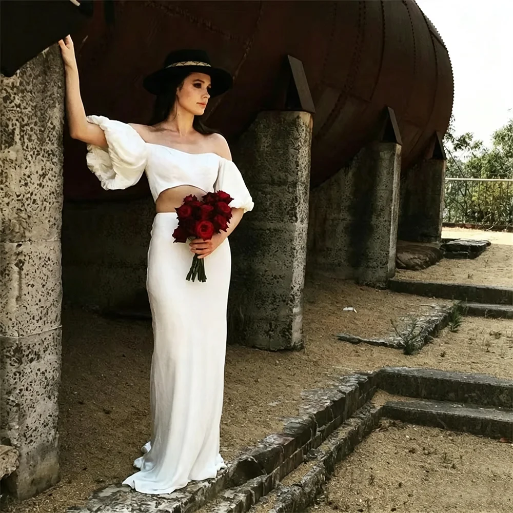 Two Piece Satin Wedding Dress Off Shoulder Puff Sleeve Crop Top Mermaid Long Boho Bridal Gown Elopement Engagement Bride Dress