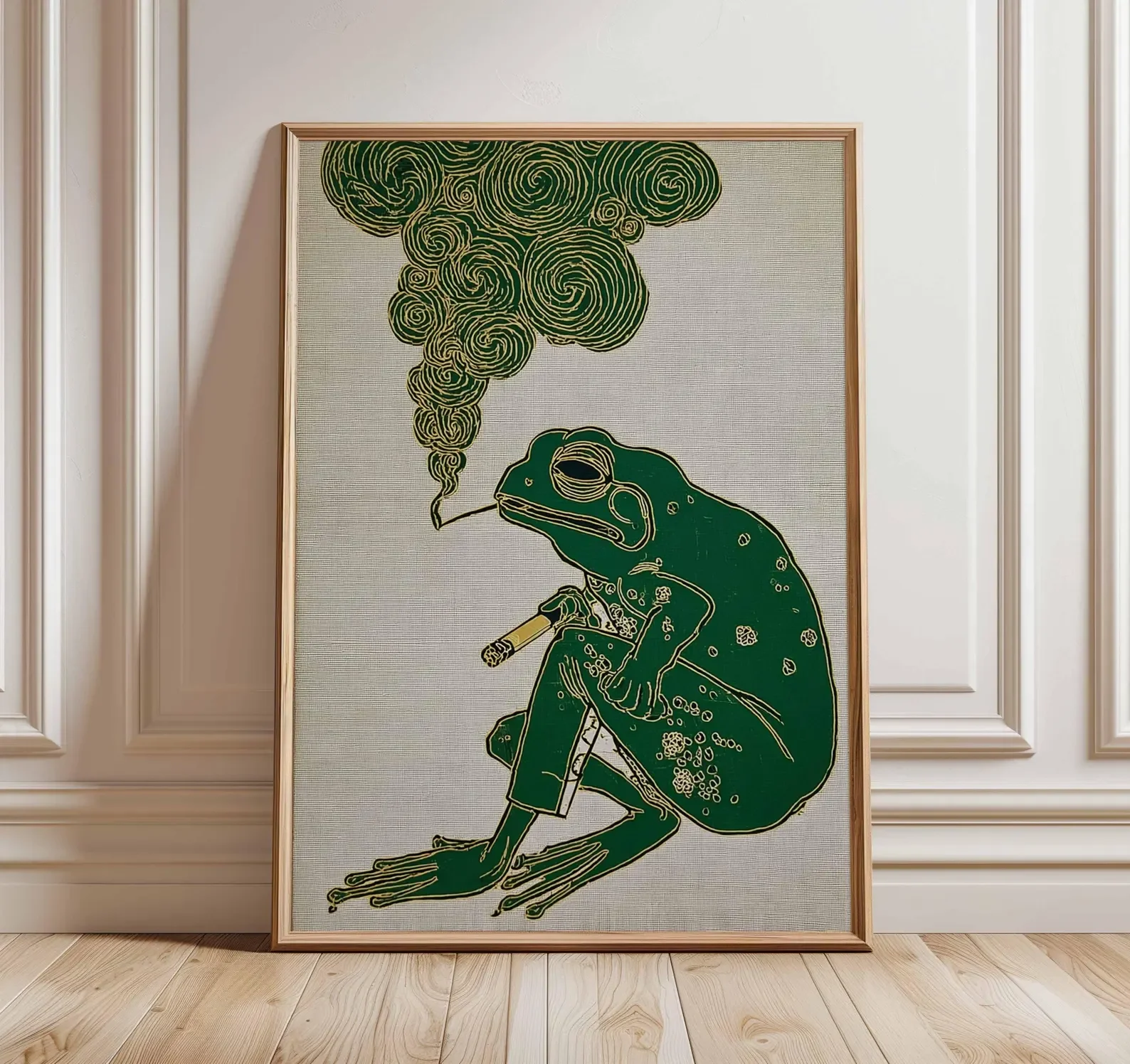 Surrealer Frosch-Kunstdruck, Vintage-Poster im japanischen Stil, skurrile Tier-Wandkunst, Retro-Amphibien-Illustration, Funky Home Decor