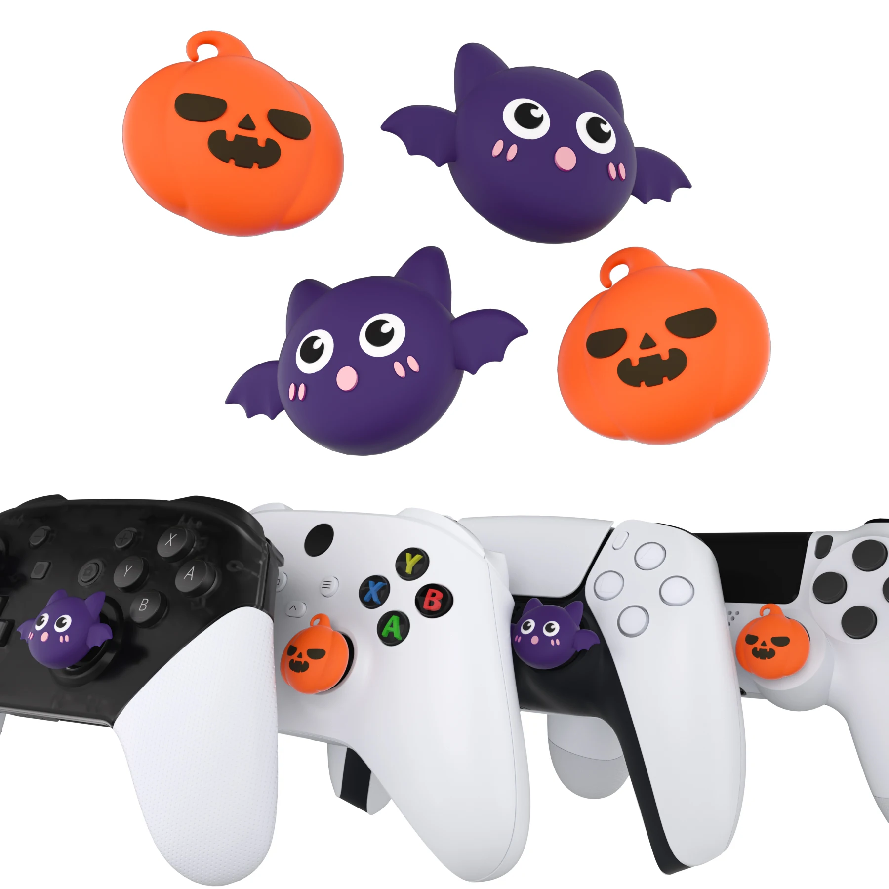 PlayVital Thumb Grip Caps for ps5/ps4, Thumbstick Cover for Switch Pro, for Xbox Series X/S & Xbox One - Halloween Pumpkin Bat