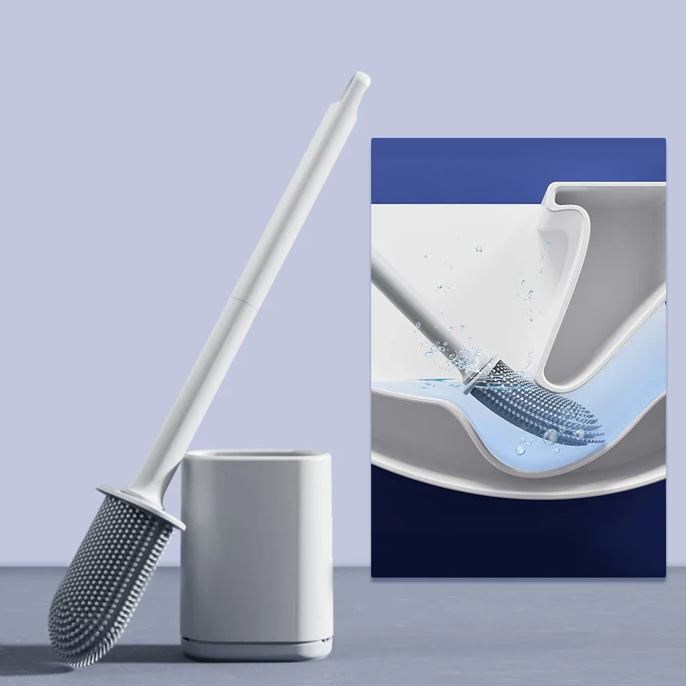 Flat Head Soft Bristles Silicone Toilet Brush with Base No Dead Flexible Wc Cleaner Brush Bathroom Cleaning Accessories