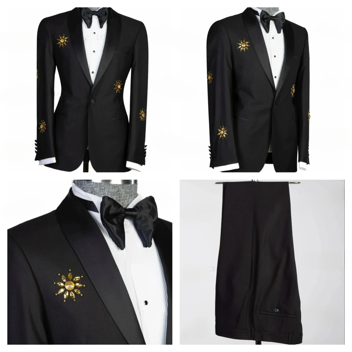 

Elegante 2 Pieces Men Suits One Button Golden Diamonds Satin Lapel Tuxedo Slim Wedding Groom Prom Slim Fit Customed