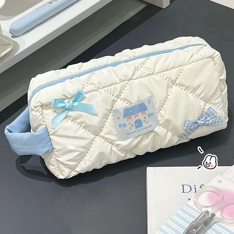 Borsa per penna con fiocco blu borsa per matite portatile multifunzione di grande capacità per studenti