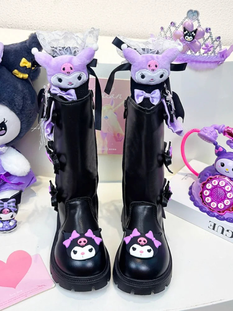 

Winter Kuromi Casual Long Boots Anime Sanrio Ins Kawaii Children Leather Boots Autumn Winter Cute Cartoon Warm Cotton Shoes Gift