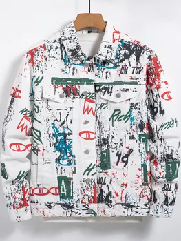 Men's spring-summer graffiti print denim jacket, regular size. Stylish street style.