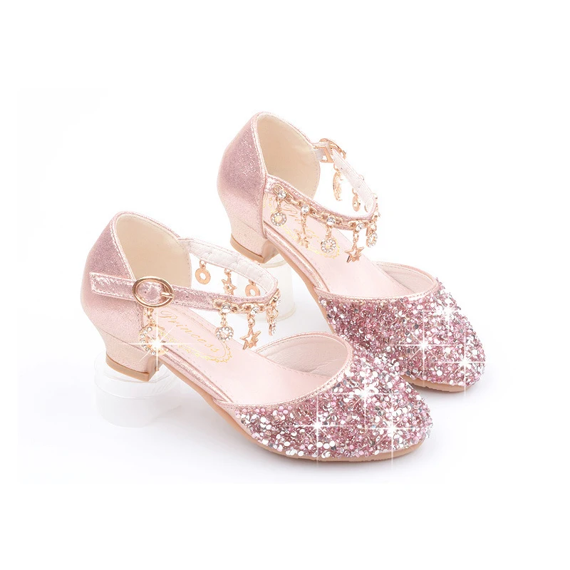 Zapatos de princesa para niños, calzado de tacón alto de cristal para las cuatro estaciones, versión coreana, de cuero con lentejuelas