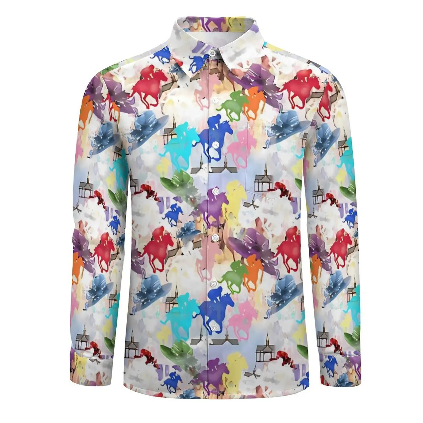 Off to The Horse Races Casual Shirt Men Colorful Animal Harajuku Shirt Spring Cool Blouses Long Sleeve Graphic Oversized Clothes