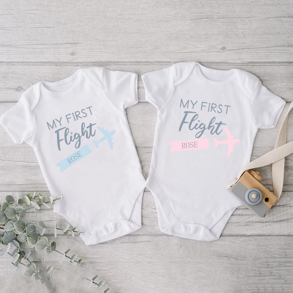 

Personalize My First Flight&Plane Print Baby Romper Short Sleeve Infant Bodysuit Baby's First Flight Commemoration Gifts Clothes