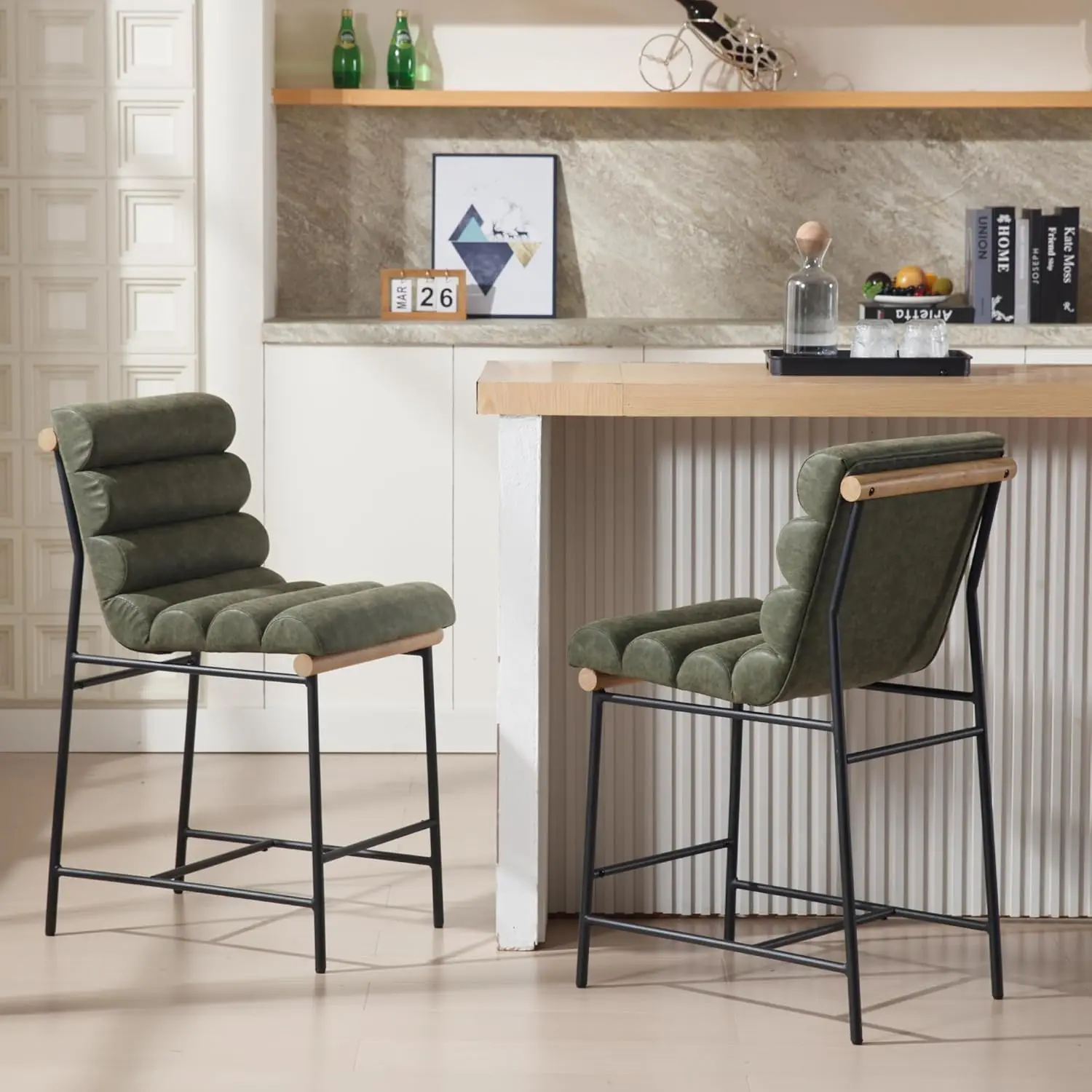 

Зеленые кожаные барные стулья без подлокотников, комплект из 2 штук, с обитой спинкой, для кухонного острова, 25 дюймов, на заказ