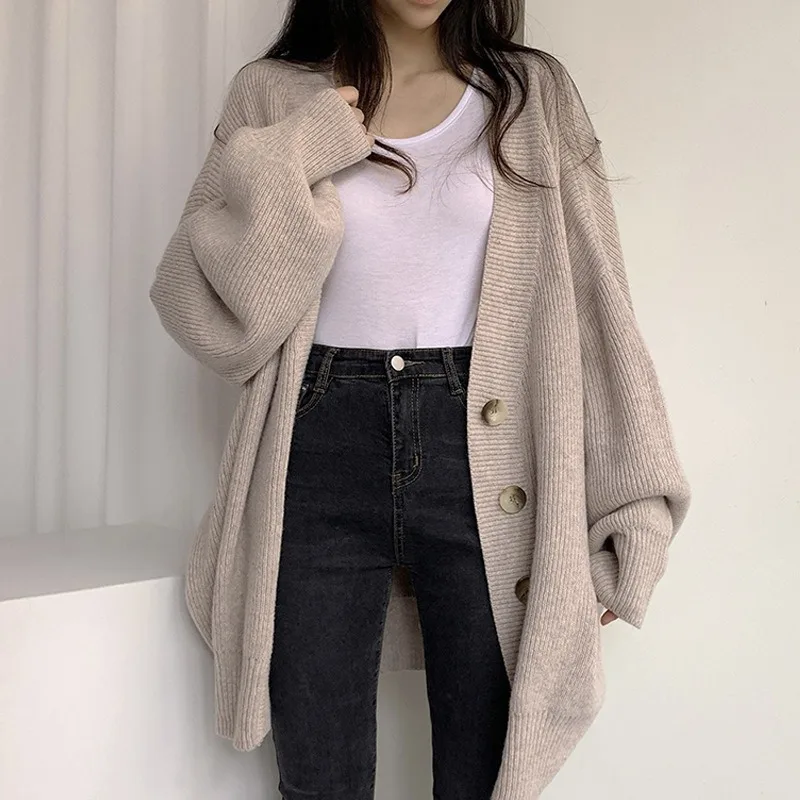 Bishop Sleeve V-neck Knitted Cardigan Women Chic Fashion Loose Cardigan Female Long Sleeved Knitted Loose Cardigan Autumn Winter